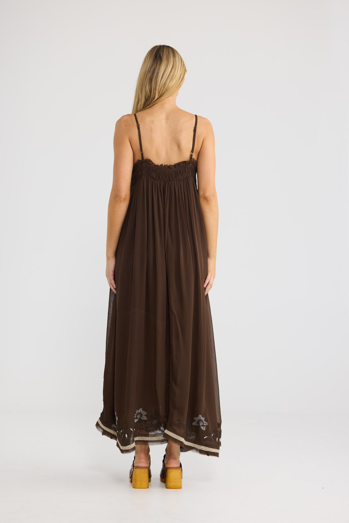 Ambrosia Maxi Dress in cocoa embroidery, full-length back view.
