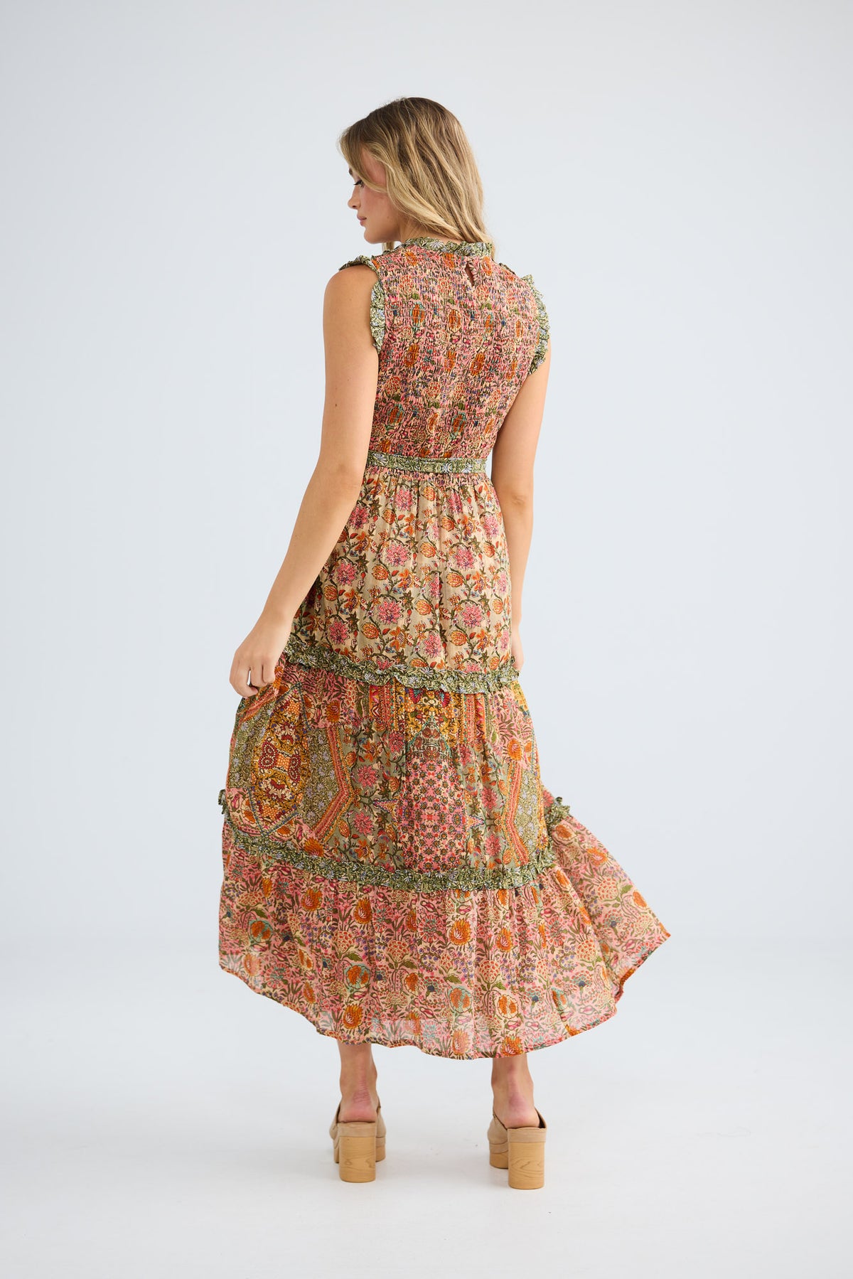 Juniper Dress in meadow weave with a shirred bodice.