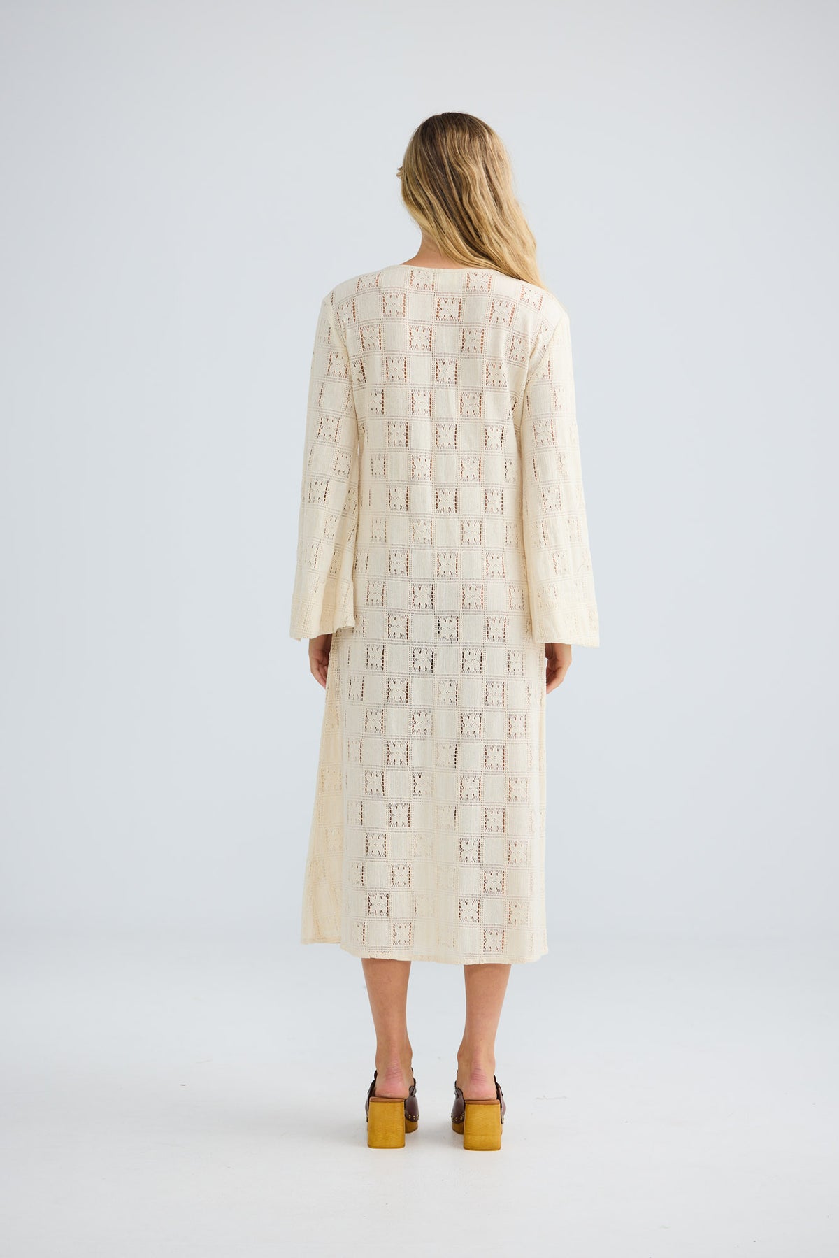 Boheme Maxi Dress in natural with long bell sleeves.