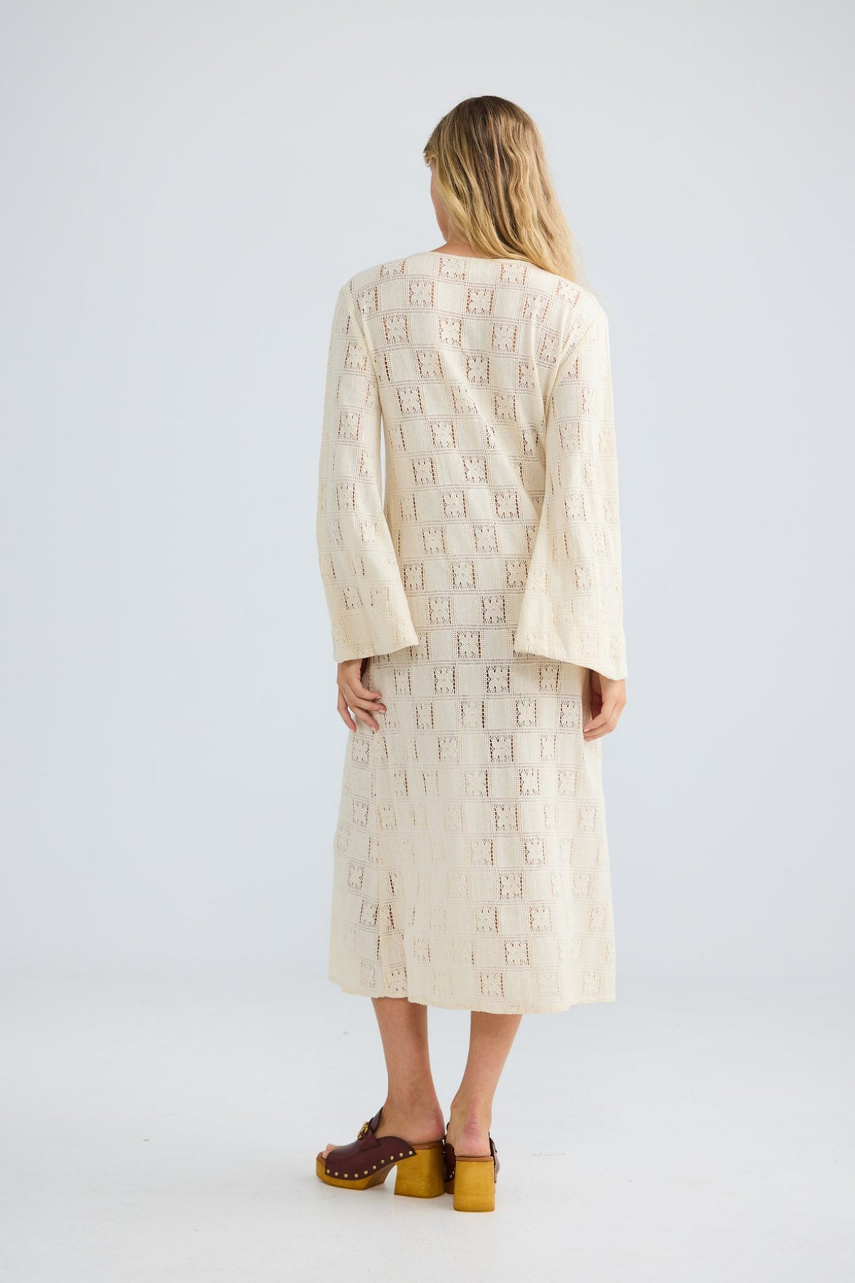 Boheme Maxi Dress in natural with a decorative wooden ring.
