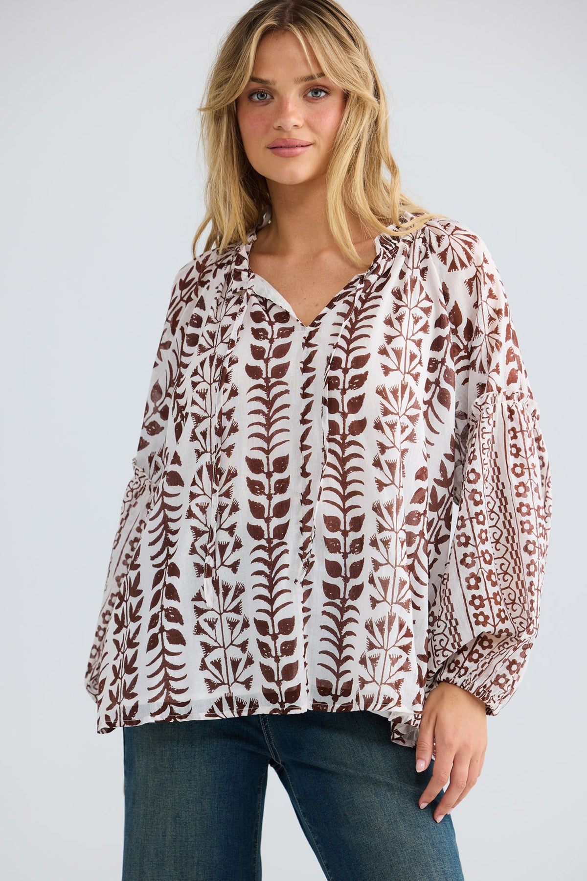 Alegria Top in chocolate paro with billowy elasticated sleeves.