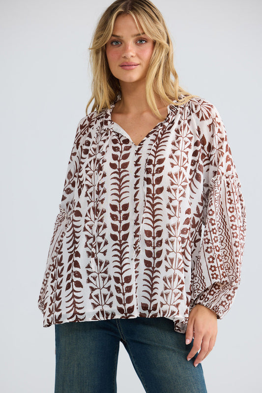 Alegria Top in chocolate paro with billowy elasticated sleeves.