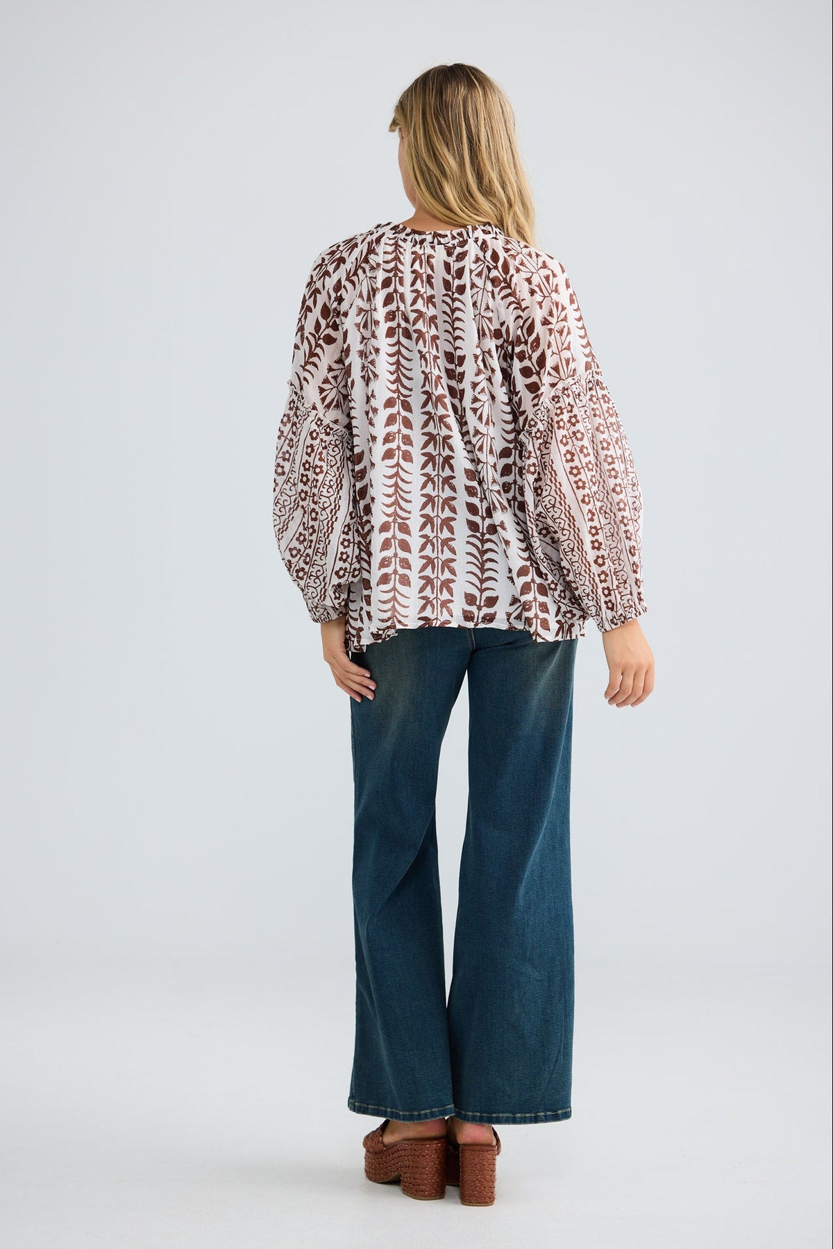 Alegria Top in chocolate paro with frilled neck ties.