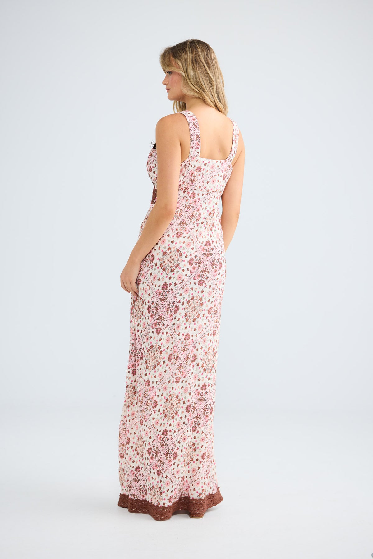 Luca Dress in chai floral with a bias cut.