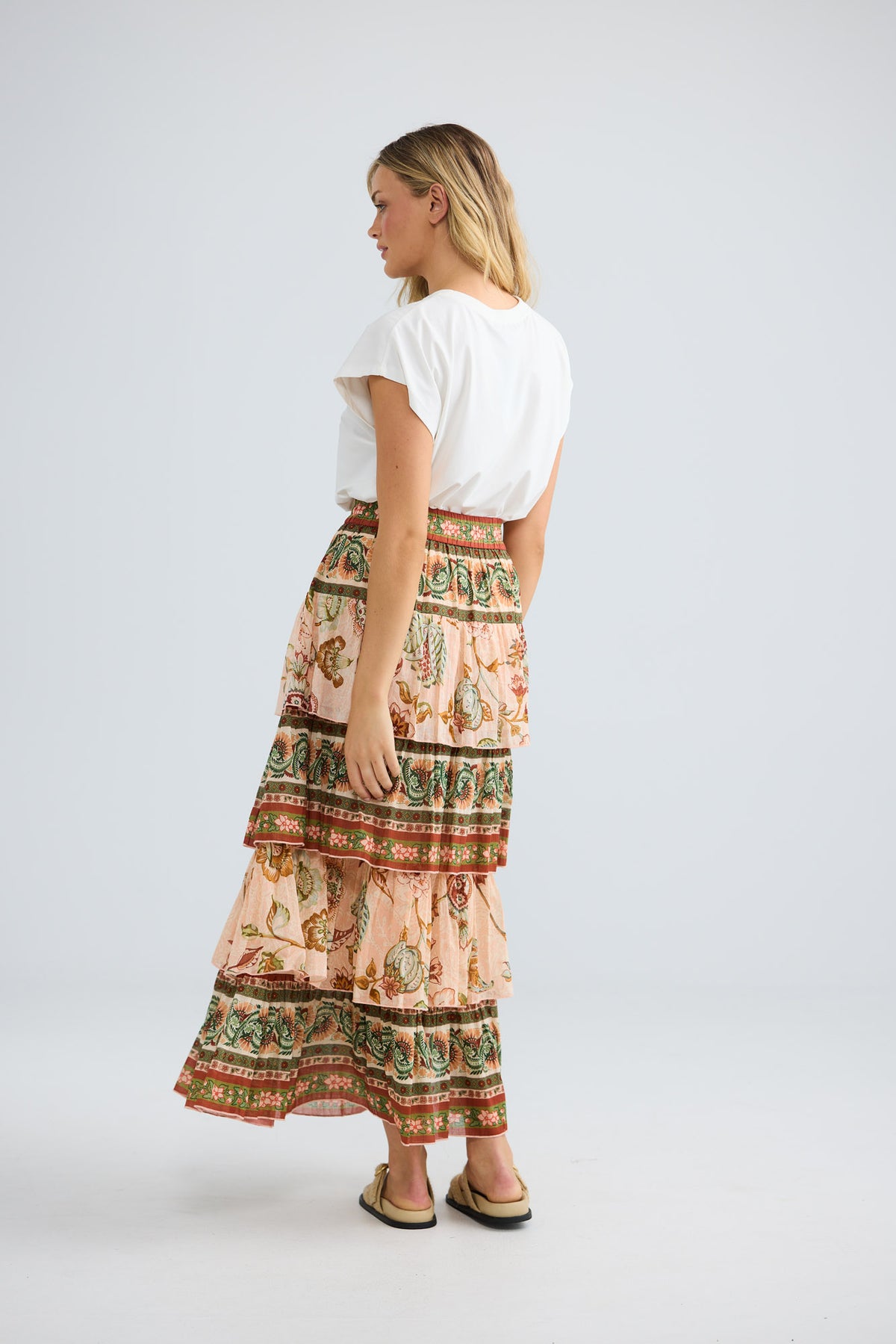 Ariel Maxi Skirt in wildflower oasis with tiered ruffles.