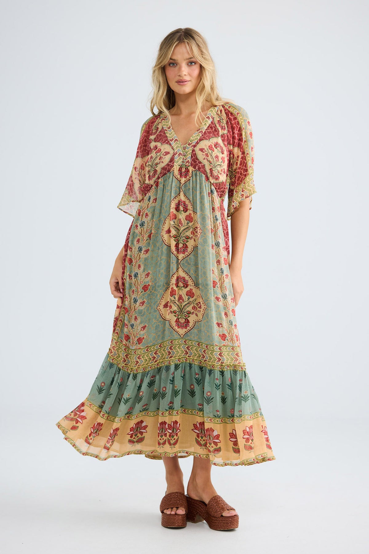 Tulara Dress in garden mist, front view with flutter sleeves.