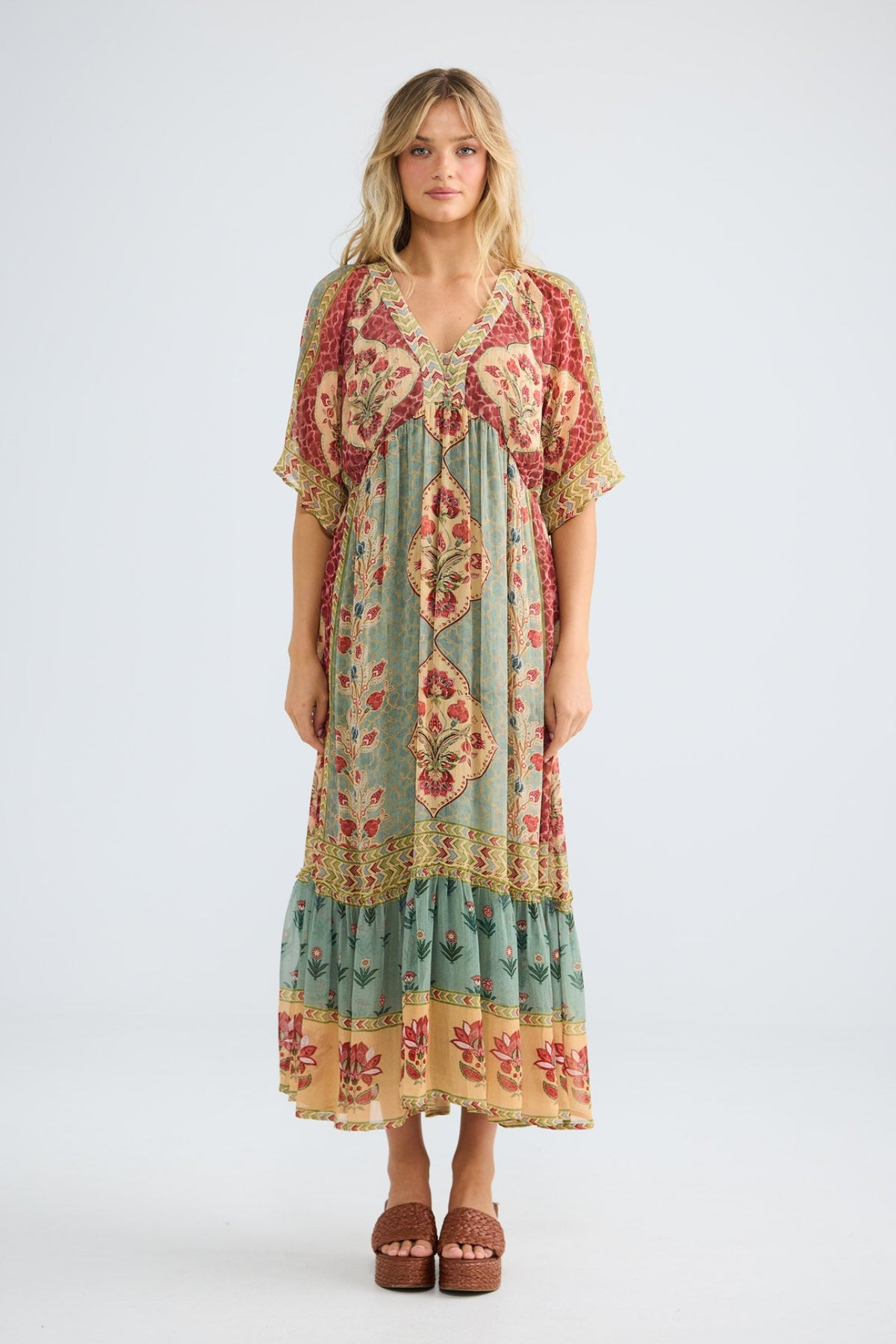 Tulara Dress in garden mist, full-length front view.