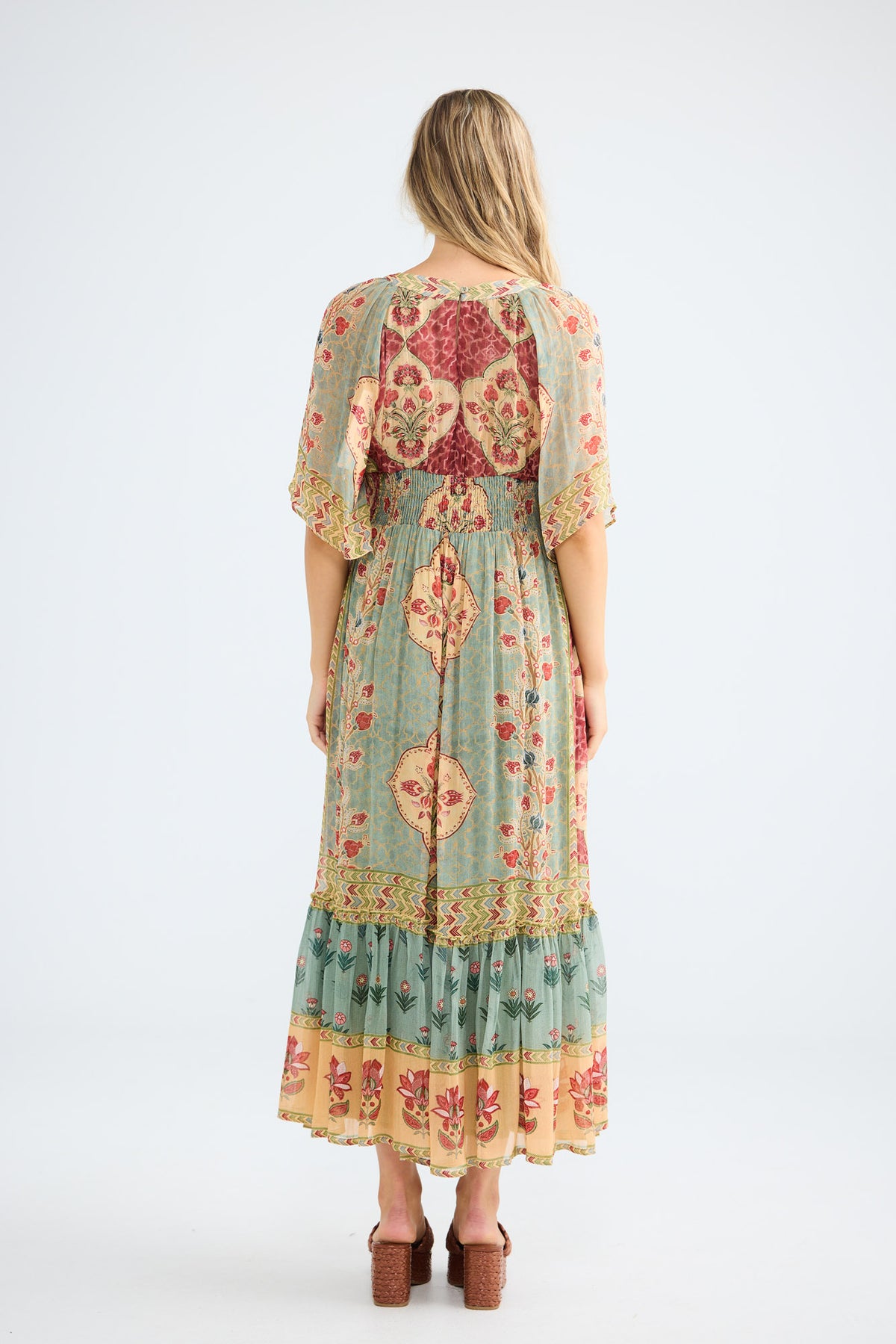 Tulara Dress in garden mist, back view.