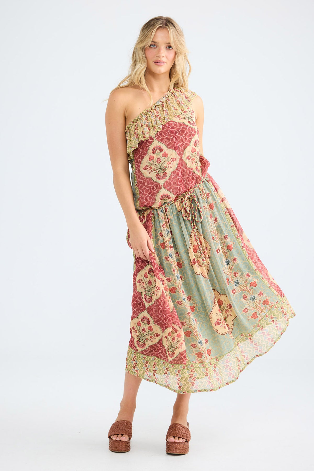 Ravina Dress in garden mist, front view showing the asymmetric neckline.