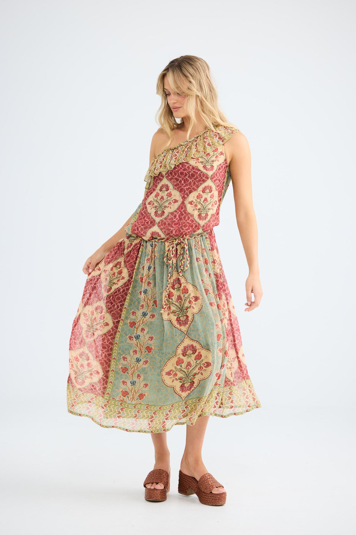 Ravina Dress in garden mist, close front view of the one-shoulder neckline.
