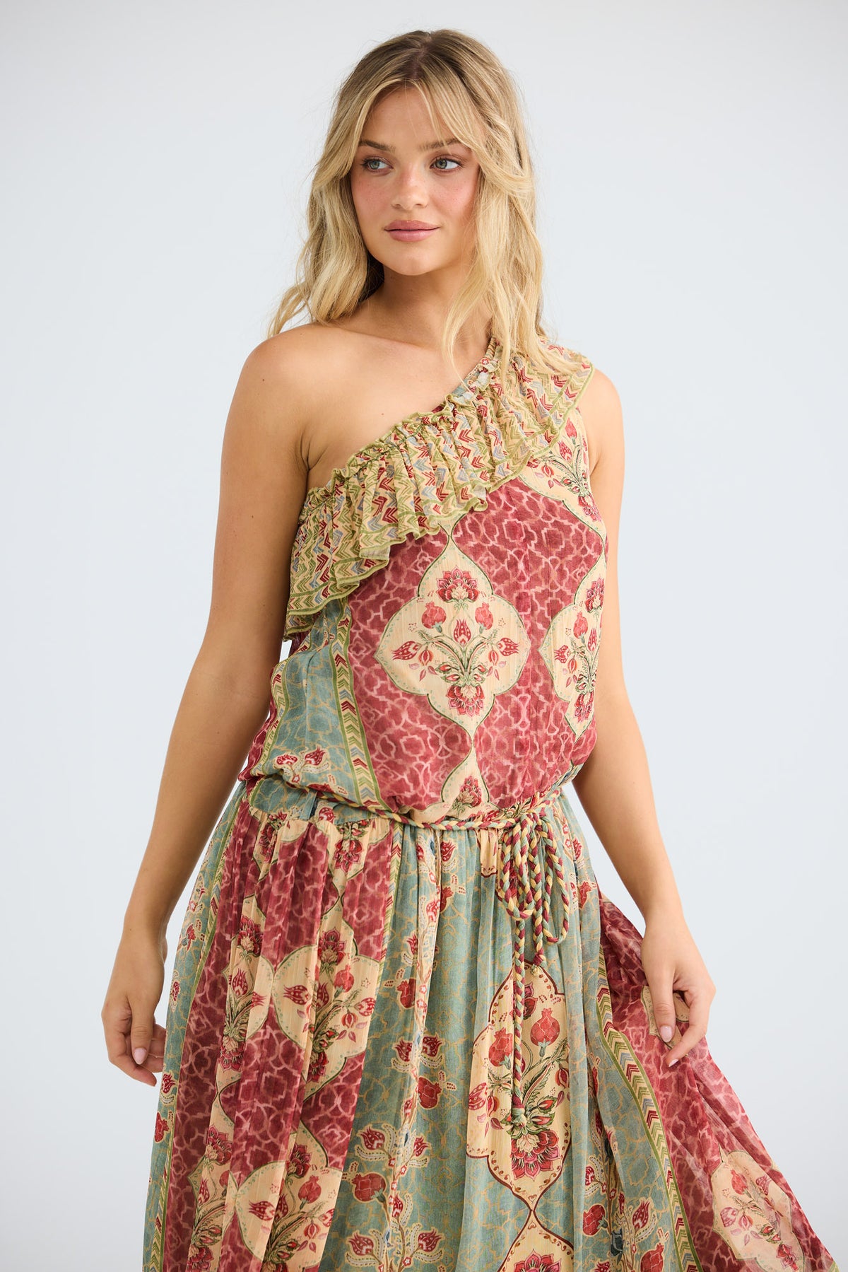 Ravina Dress in garden mist, close-up of the print and one-shoulder strap.