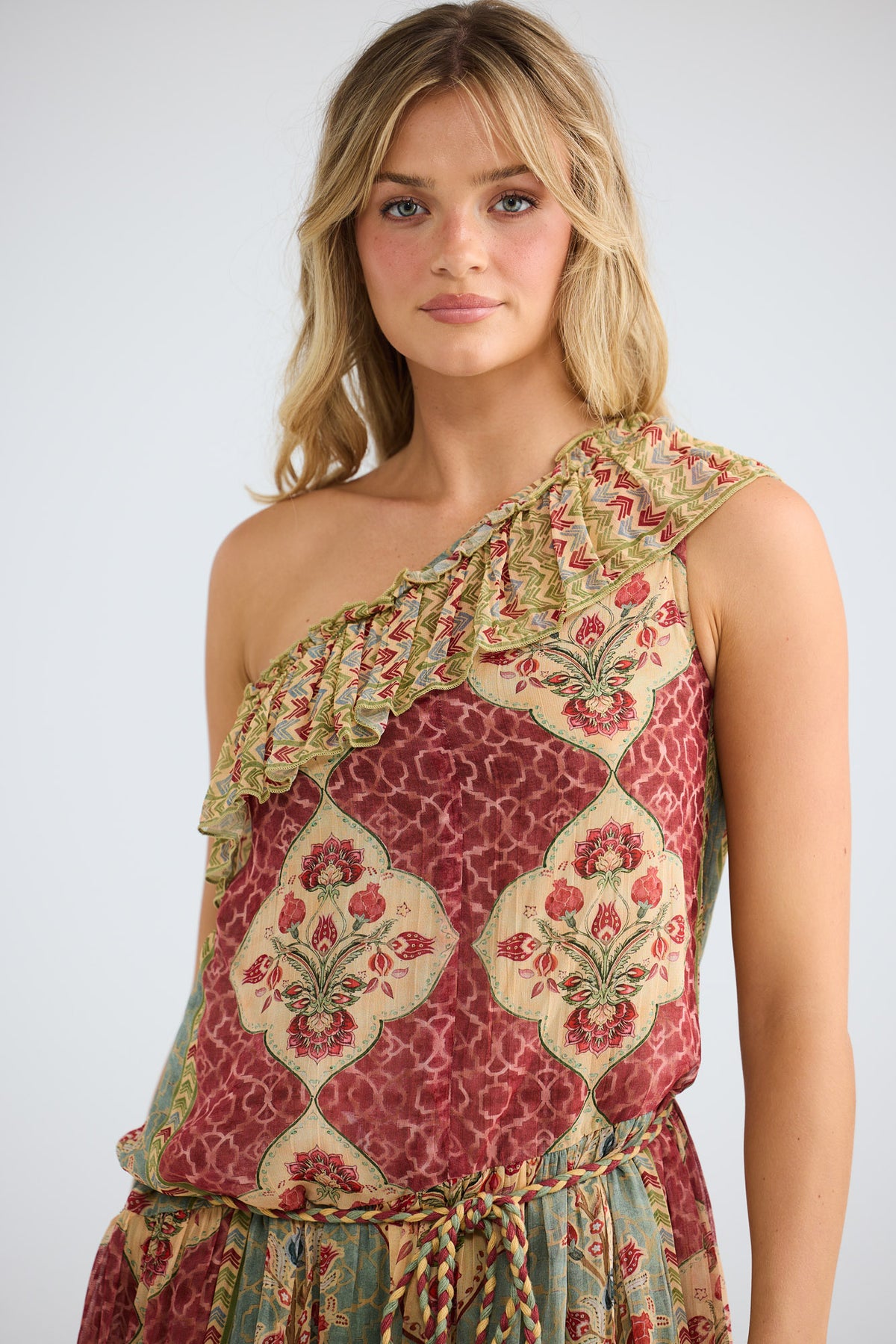 Ravina Dress in garden mist, full-length front view.