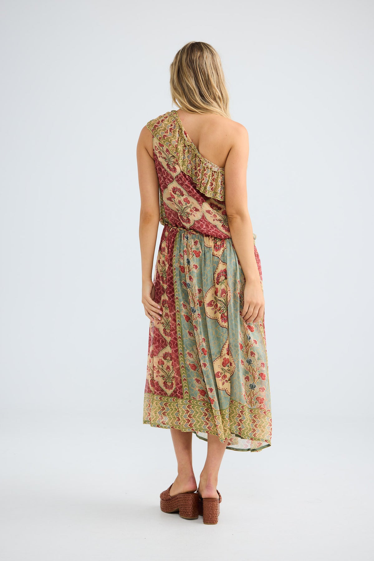 Ravina Dress in garden mist, back view showing the braided rope waist tie.