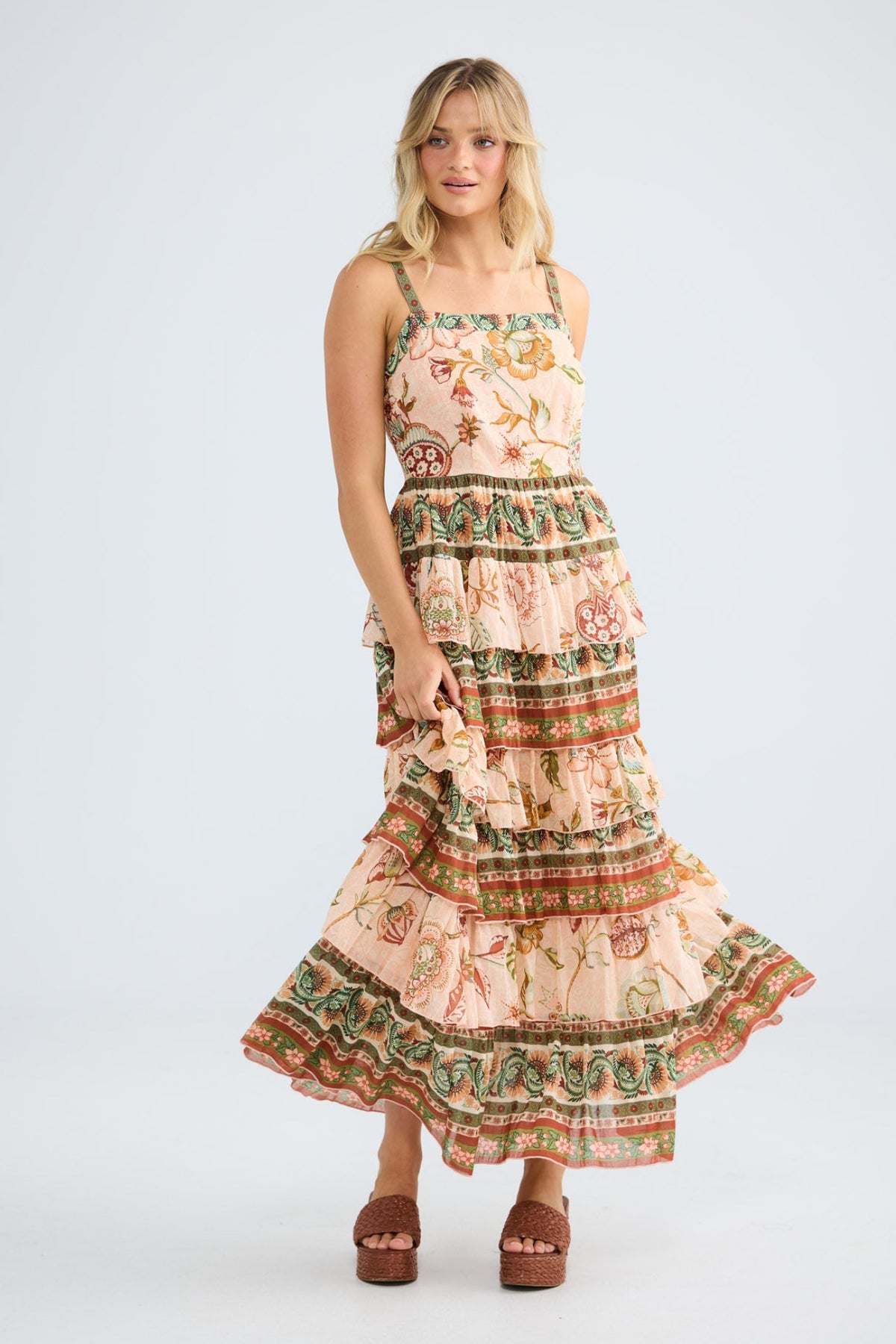 Paloma Dress in wildflower oasis with tiered layers of alternating print.