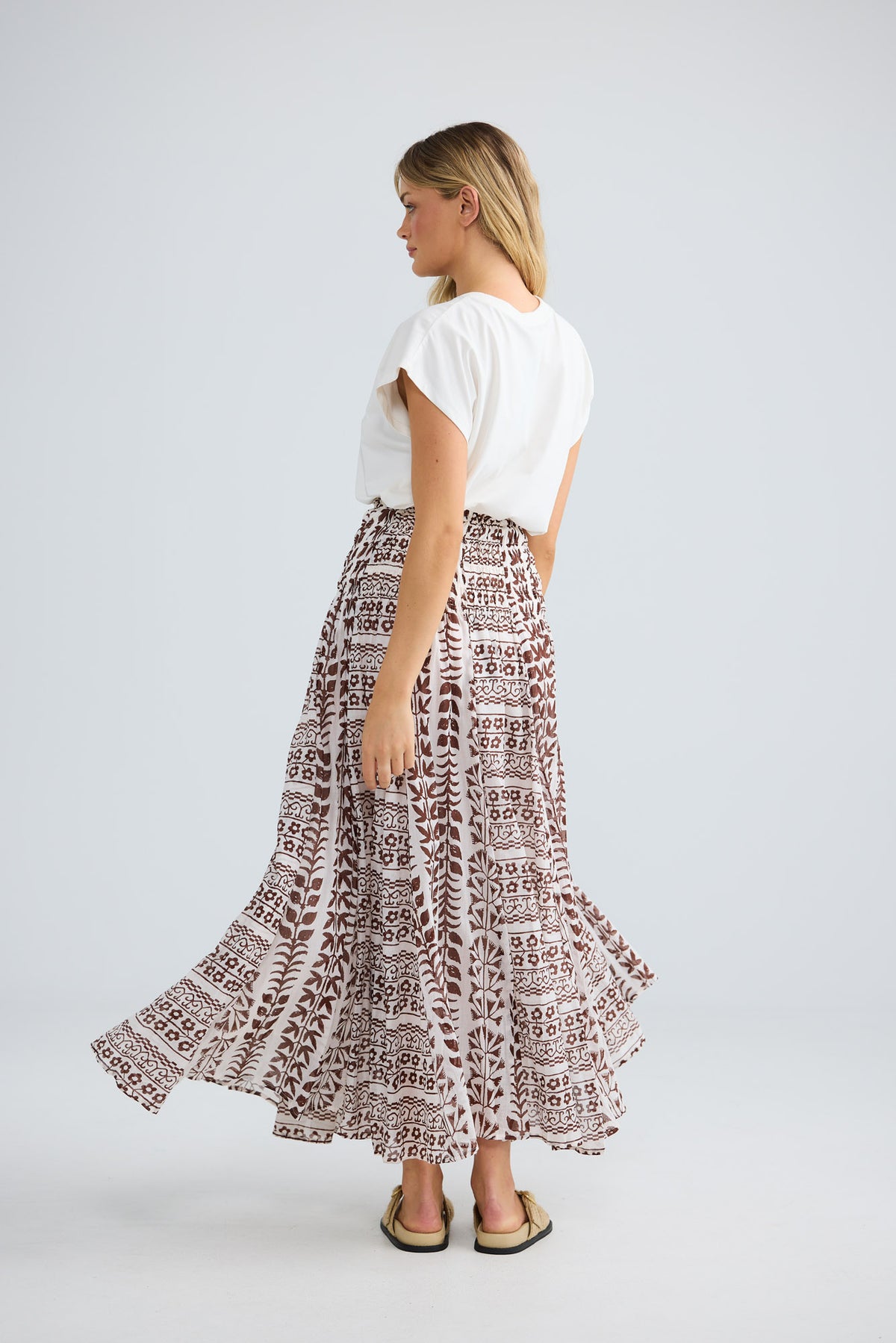 Balmoral Skirt in chocolate paro with a wide shirred waist.
