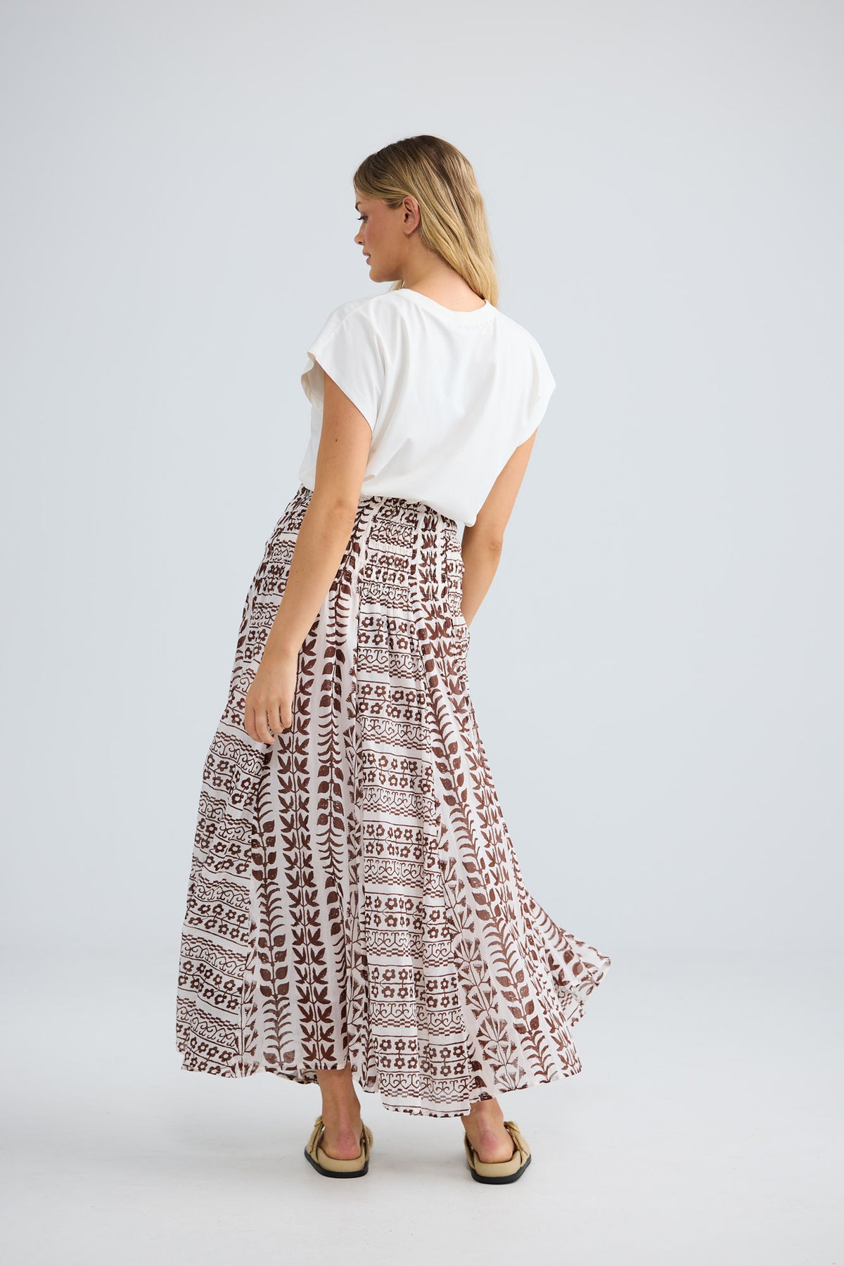 Balmoral Skirt in chocolate paro with a multi-panel design.