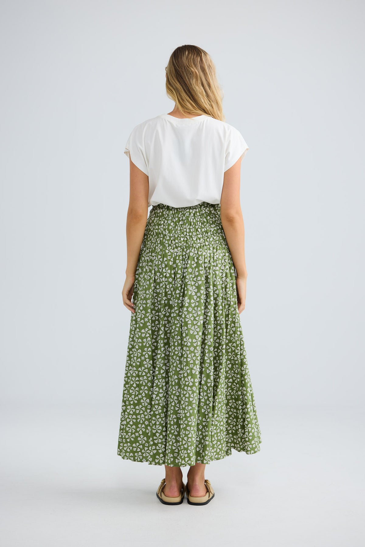 Balmoral Skirt in sage petal with a multi-panel design.