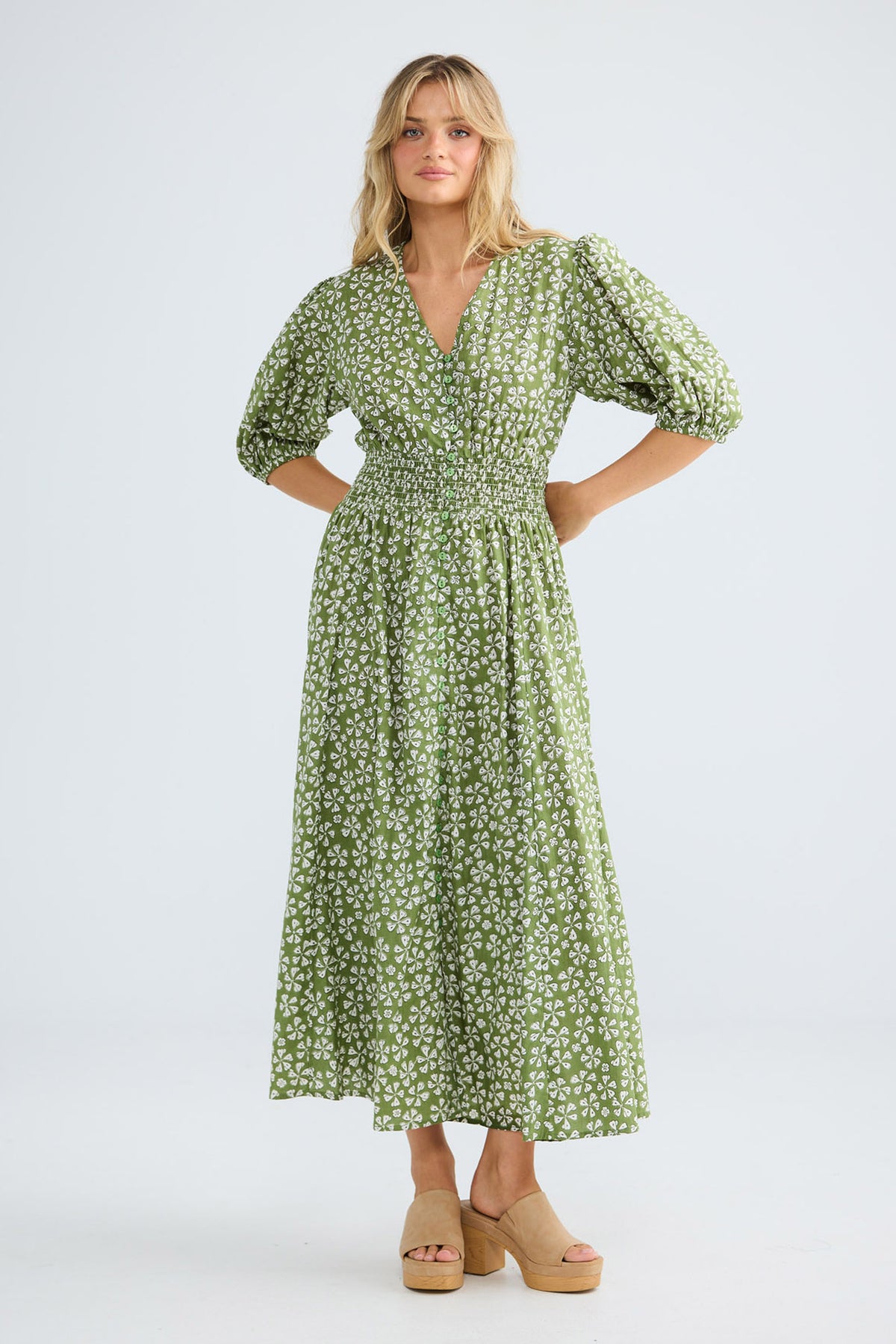 Halo Dress in sage petal with a shirred waist panel.
