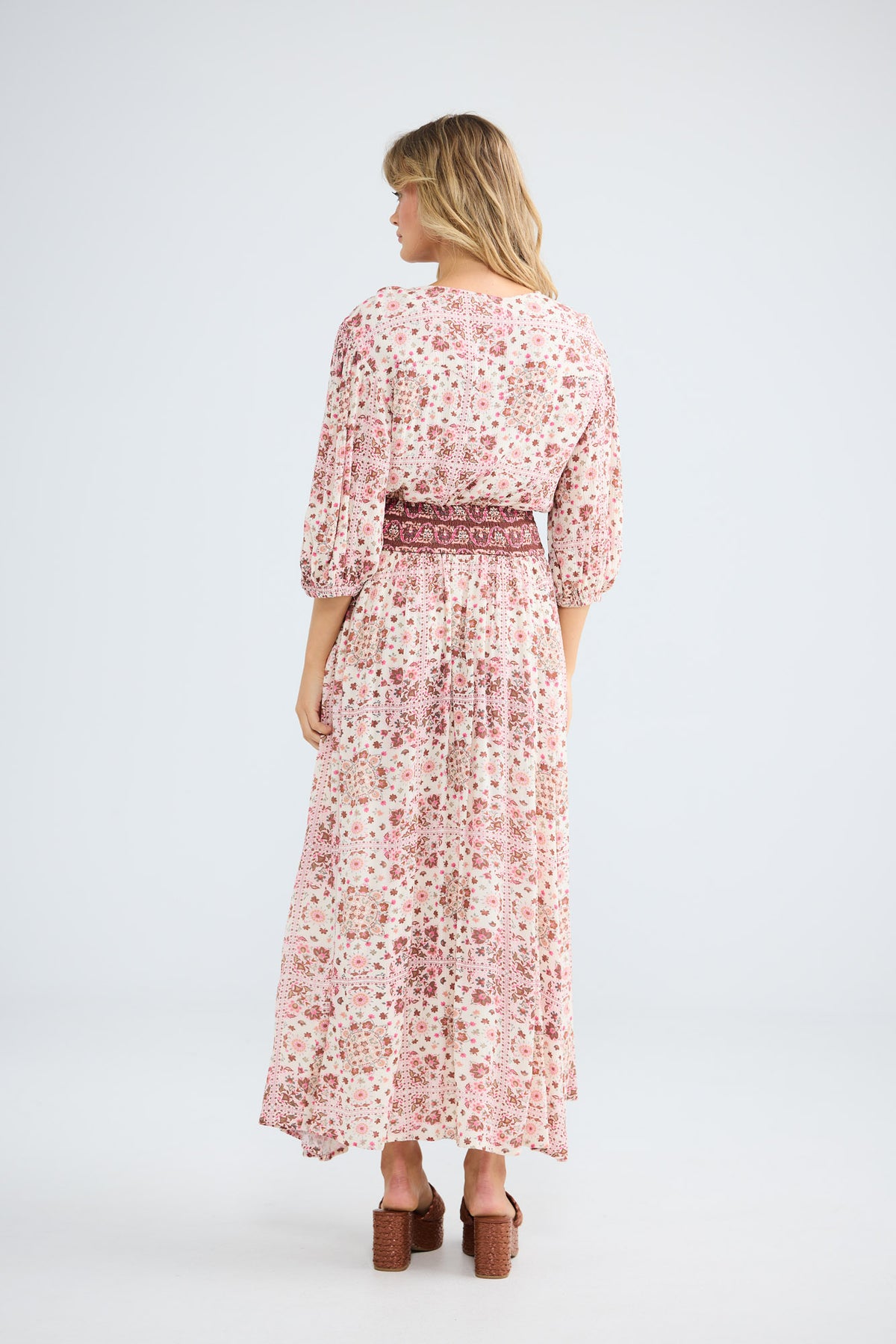 Halo Dress in chai floral with a button-through front.