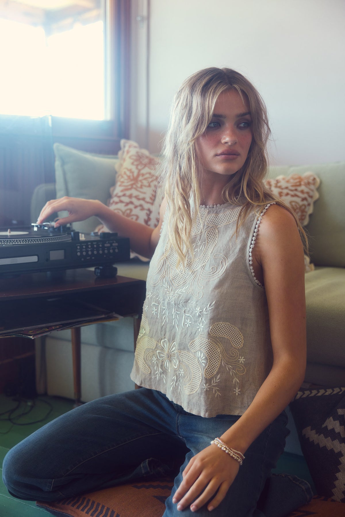 Kitri Top in oat with intricate embroidery.