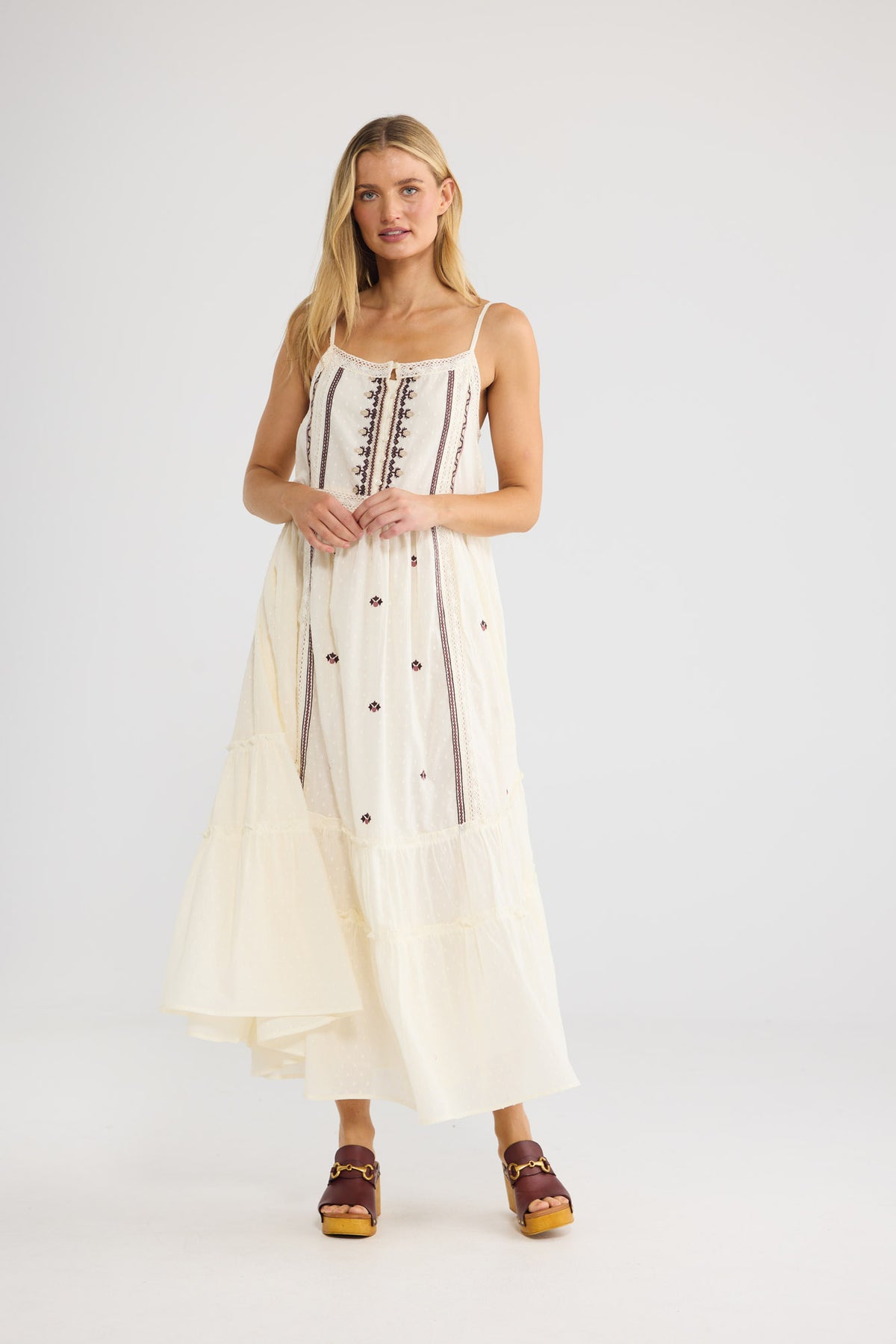 Model wearing Saskia Maxi Dress in natural dobby, front view.