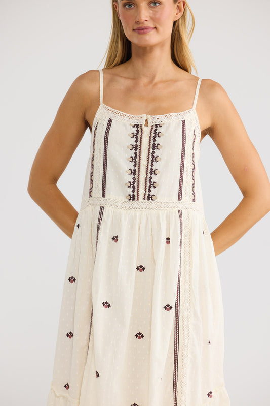 Saskia Maxi Dress in natural dobby with adjustable straps.