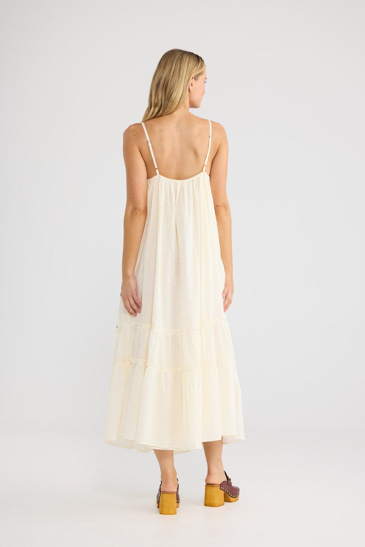 Saskia Maxi Dress in natural dobby with cotton lace trim and embroidery.