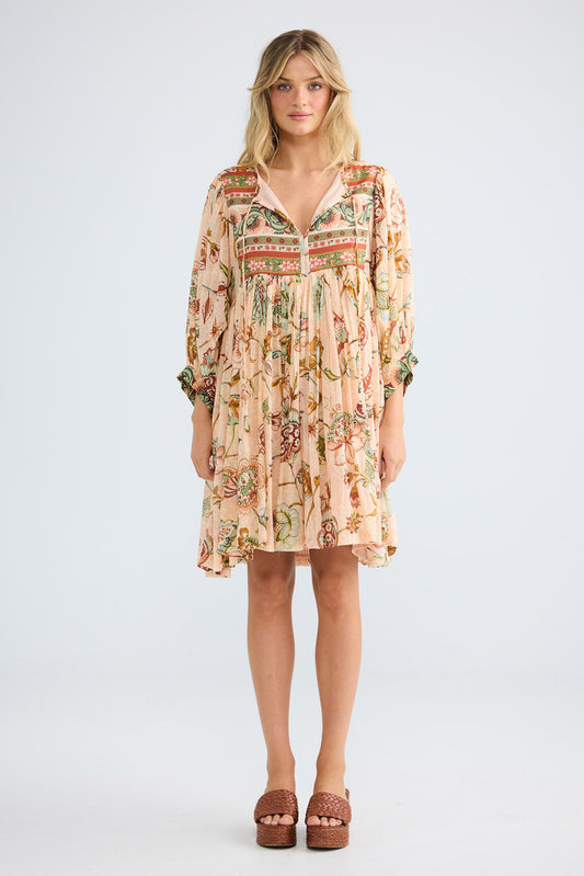 Wisteria Mini Dress in wildflower oasis with gathered 3/4 cuff sleeves.