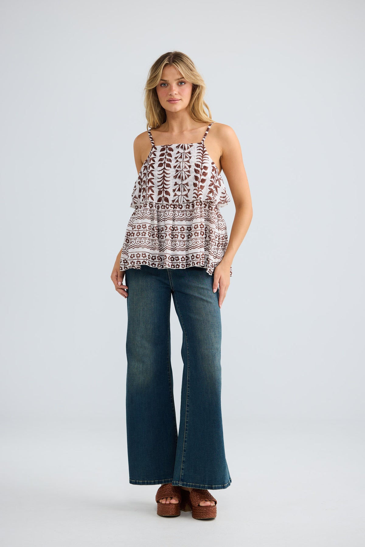 Rue Cami Top in chocolate paro, full-length front view styled with wide-leg denim.