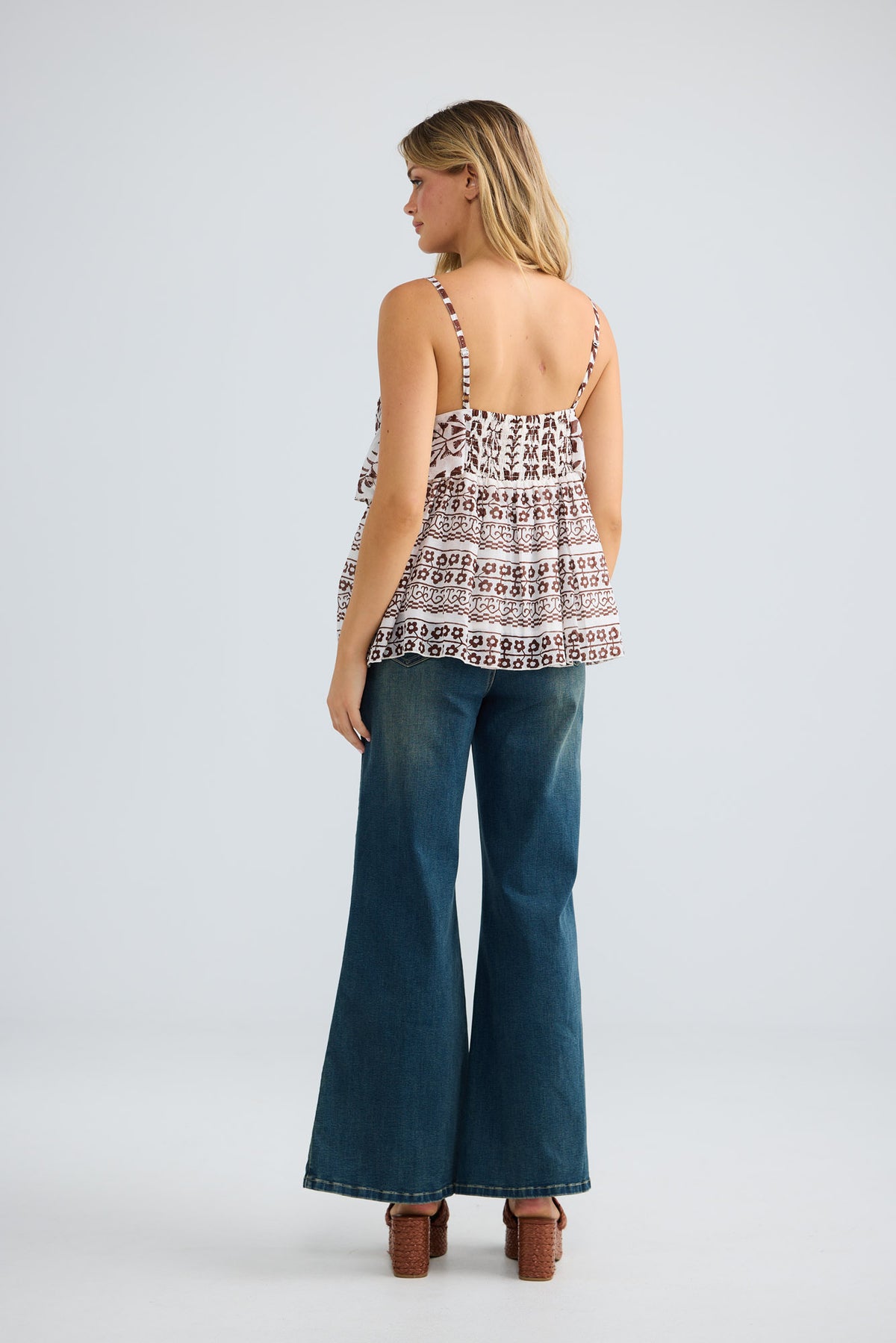 Rue Cami Top in chocolate paro, back view.