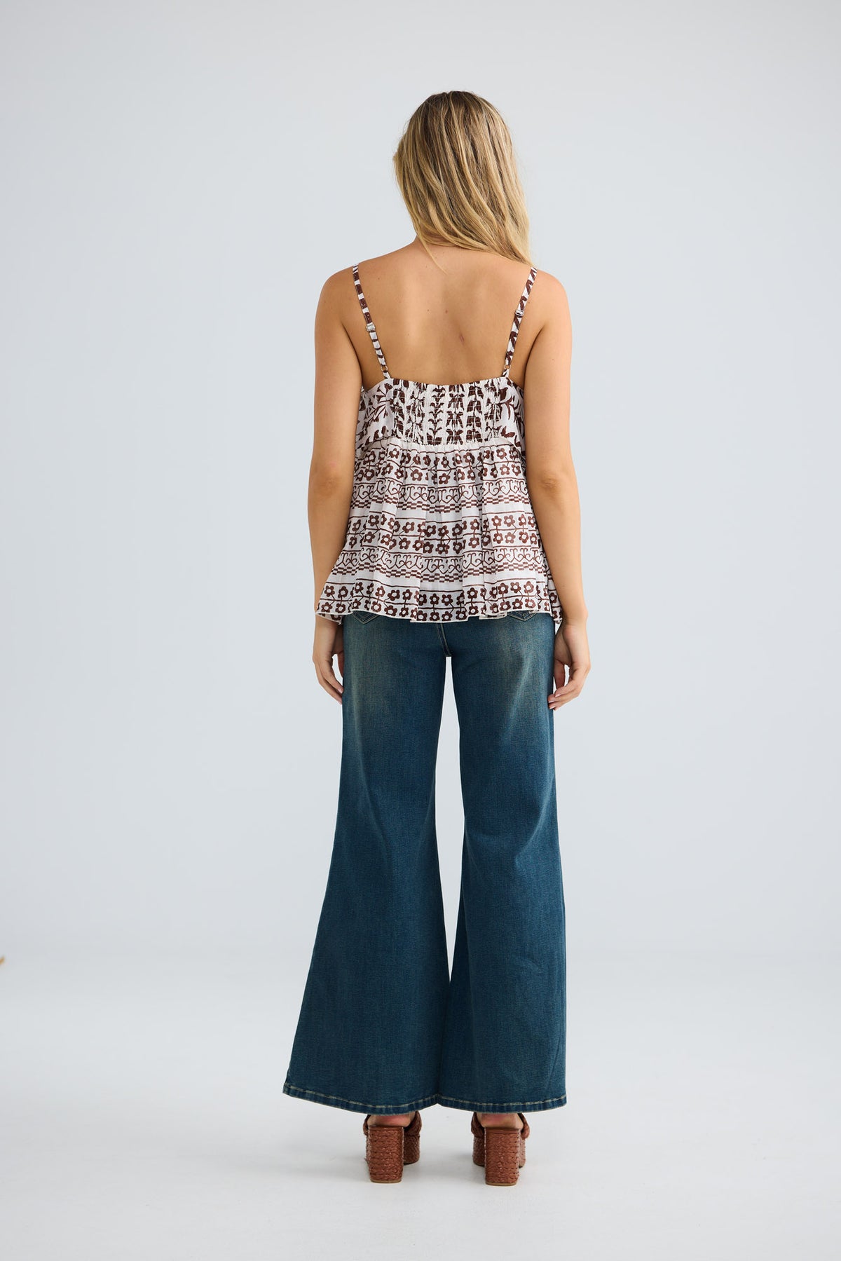 Rue Cami Top in chocolate paro, full-length back view.