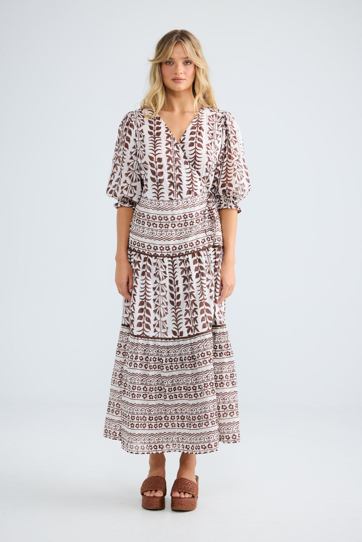 Tara Wrap Dress in chocolate paro with a true wrap front.