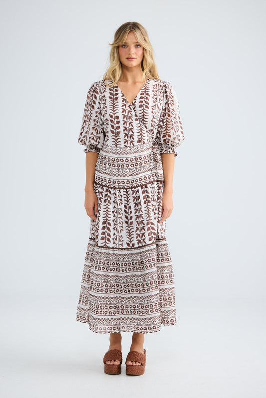 Tara Wrap Dress in chocolate paro with a true wrap front.