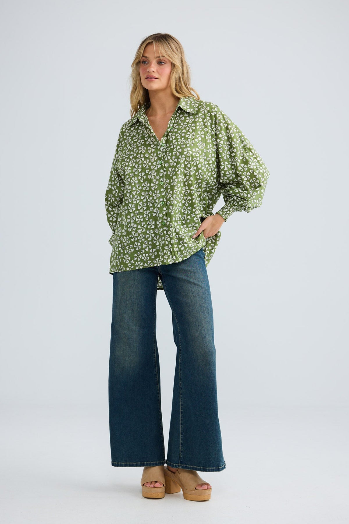 Chantilly Shirt in sage petal with exaggerated grown-on sleeves.