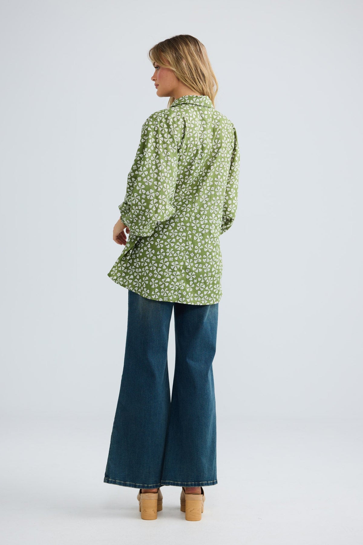 Chantilly Shirt in sage petal with a high-low hem.