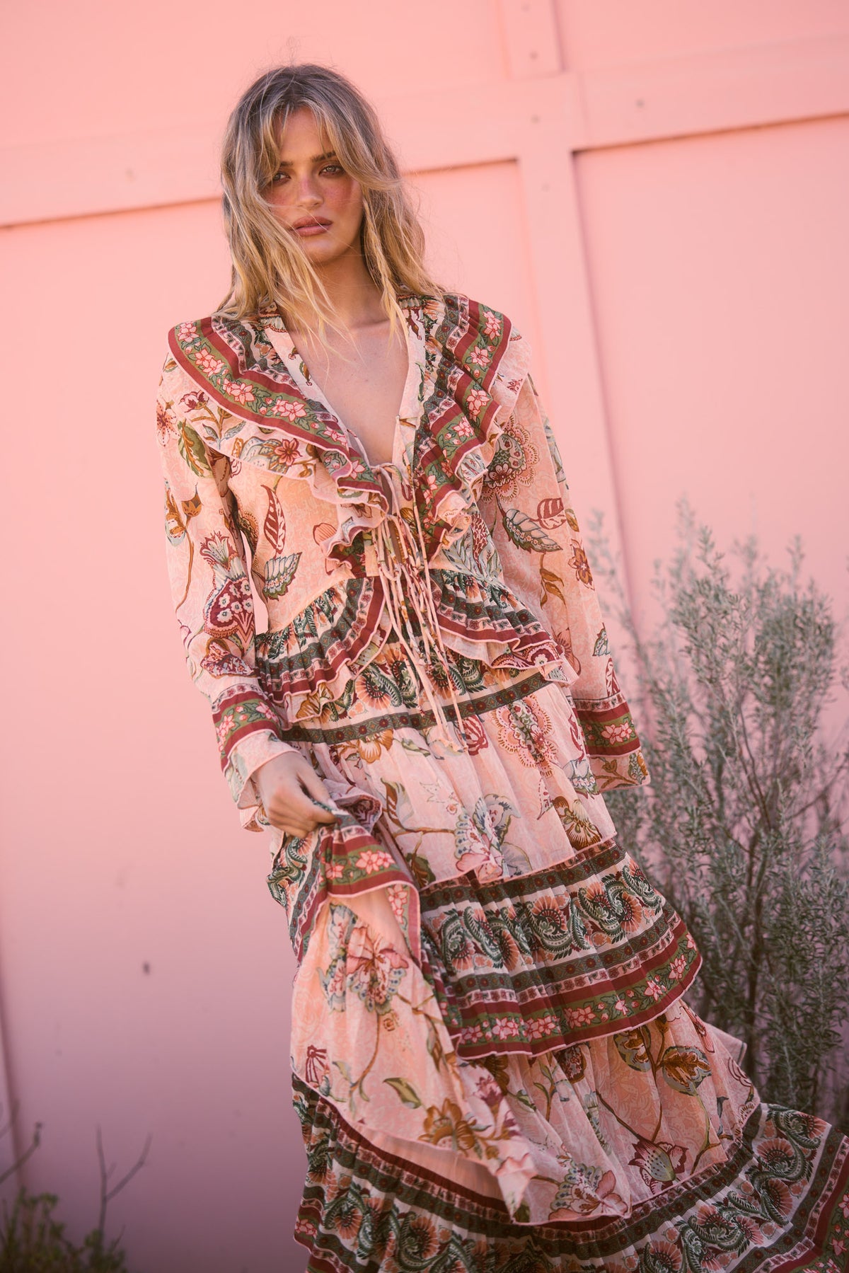 Carmen Frill Top in wildflower oasis with wide long sleeves.