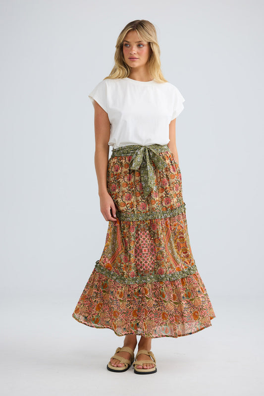 Juniper Skirt in meadow weave with a removable waist tie.