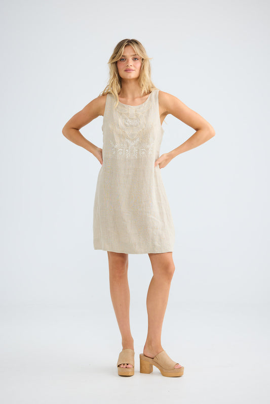 Zephyr Dress in oat with a round neckline.