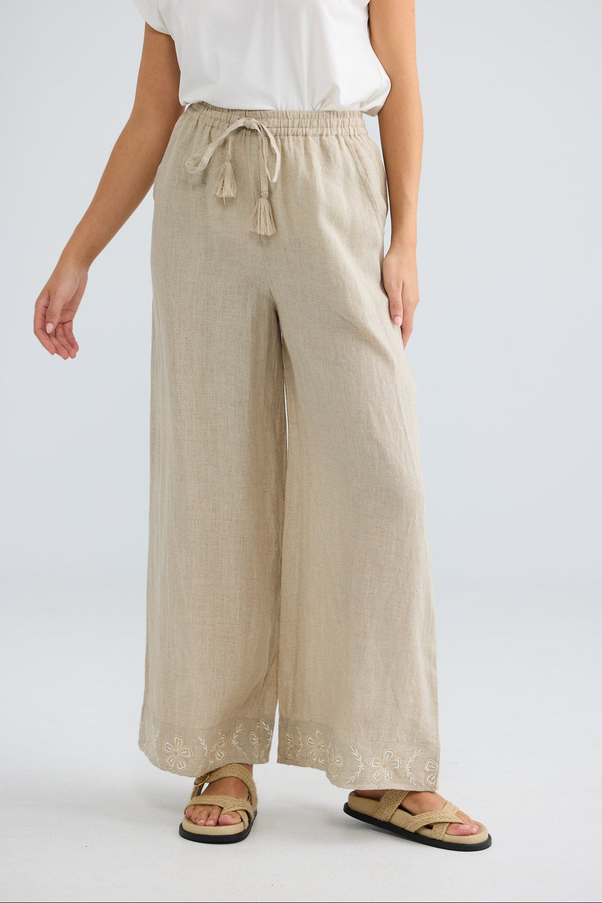 Kitri Pant in oat, close-up showing the wide leg and soft drape.