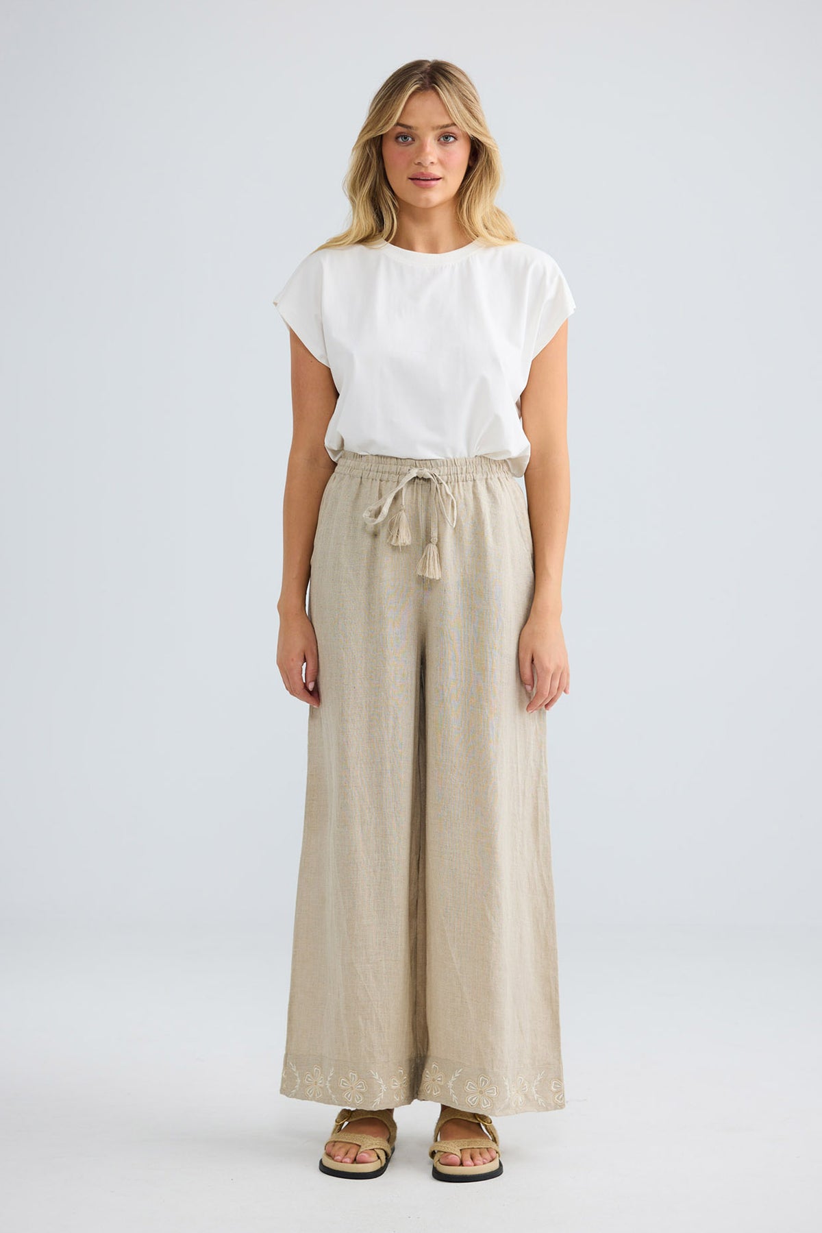 Kitri Pant in oat, full-length front view styled with a white tee.