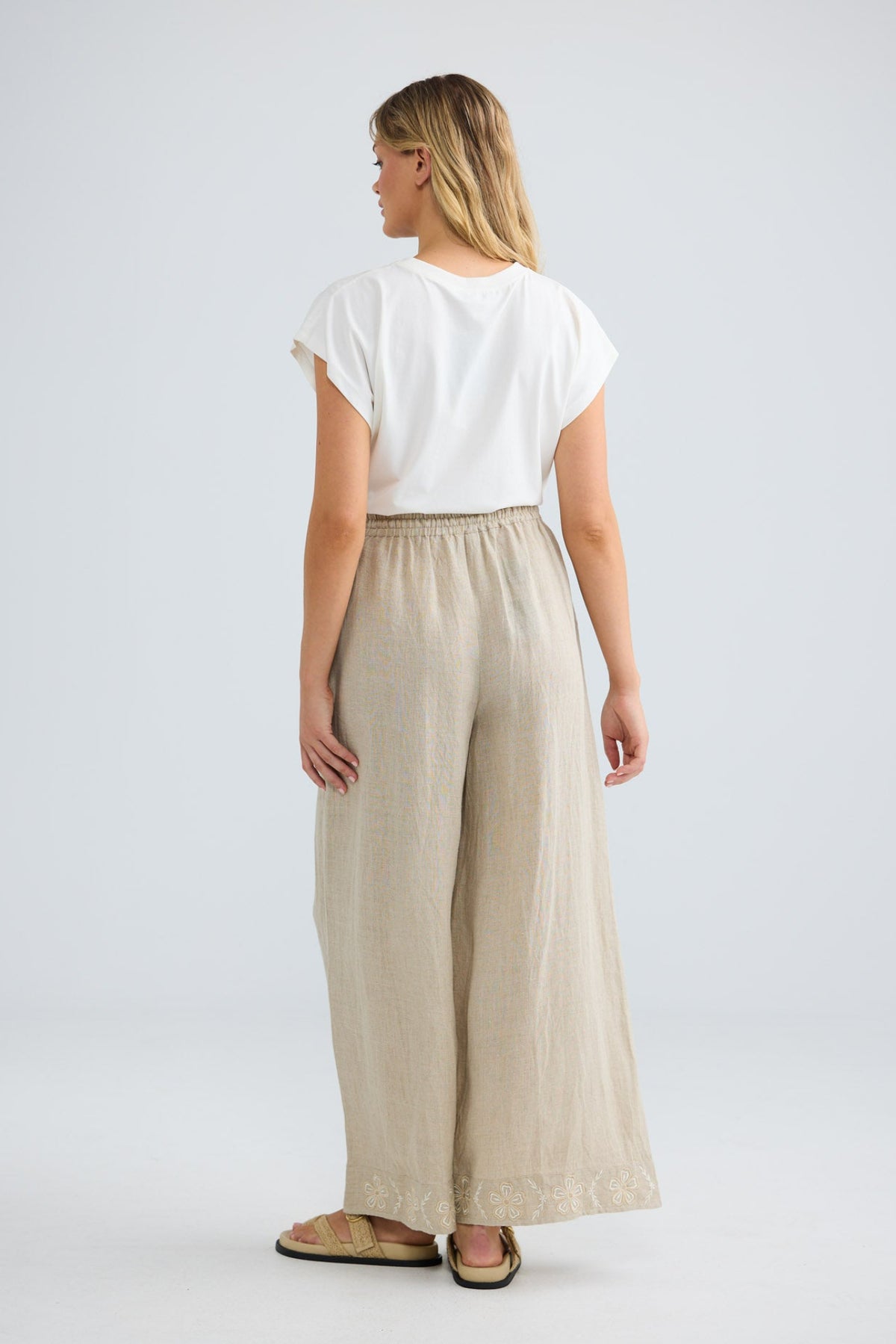 Kitri Pant in oat, front view showing the full wide leg.