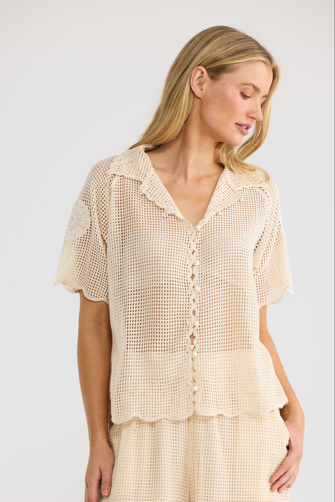 Model wearing Cielo Shirt in natural, front view.