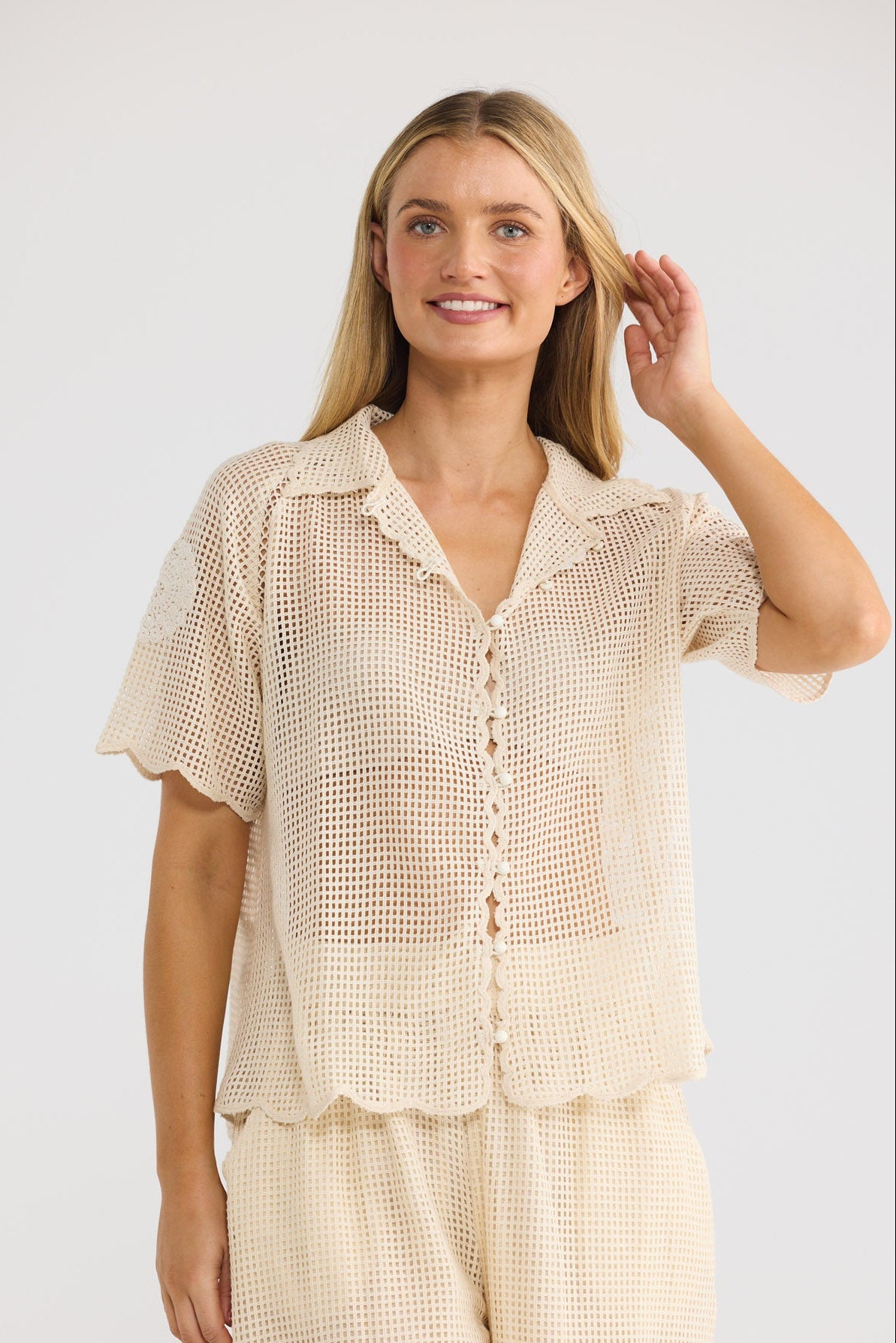 Cielo Shirt in natural with feature crochet detail.